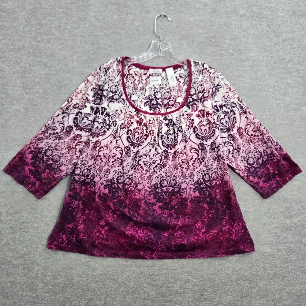 Liz & Co Women Top 2X Purple Blouse Floral Paisley 3/4 Sleeve Pullover READ